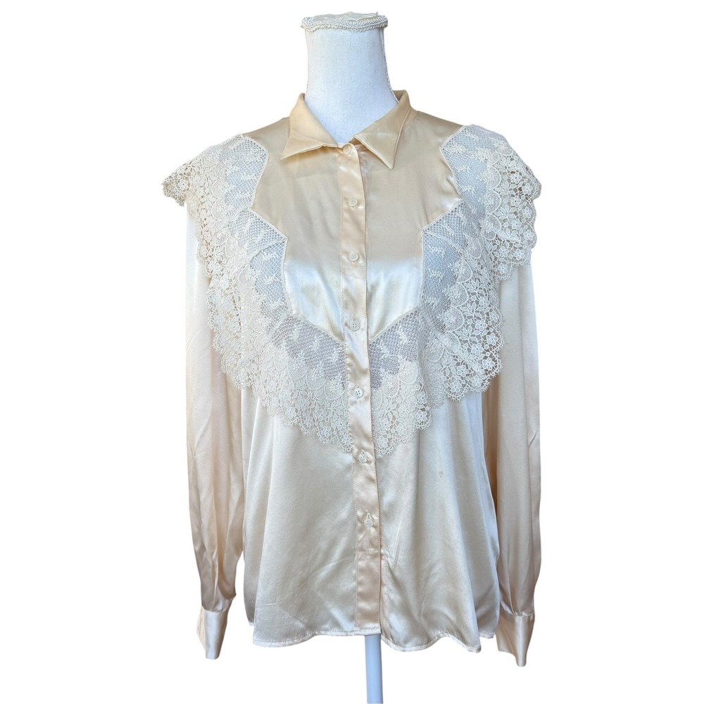 Levante Vintage Silk Blend Lace Bib Blouse Champagne Cream Victorian Button Up